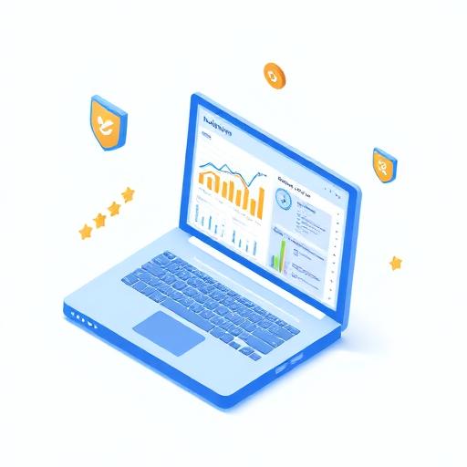 Isometric illustration of analytics dashboard on laptop with comparison charts and trust indicators