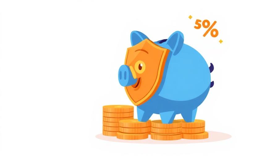 Armoured piggy bank on stack of coins with protective dome and percentage symbol