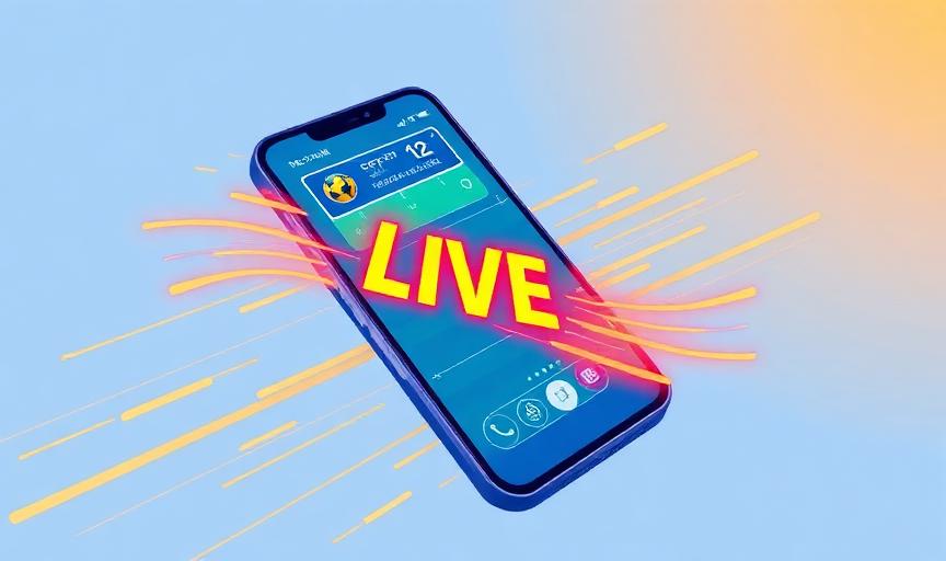 Smartphone showing live football match with LIVE indicator and timer overlay