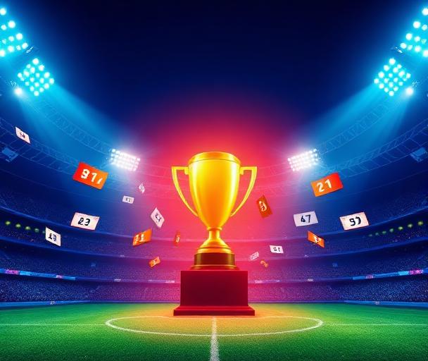 Dynamic sports betting illustration with football stadium, floating odds cards, and trophy in blue and orange tones