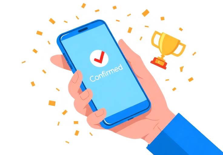 Illustration of a hand with smartphone showing confirmation and celebration confetti