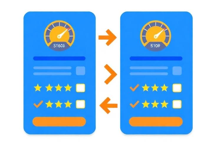 Illustration of two comparison panels side by side with feature indicators